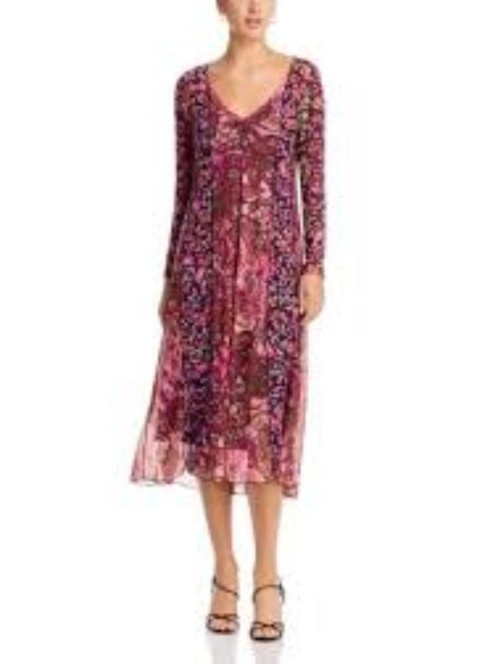 Johnny Was Jade Agatha Midi-Dress M Mixed Floral Prints, Paneled Mesh, no slip